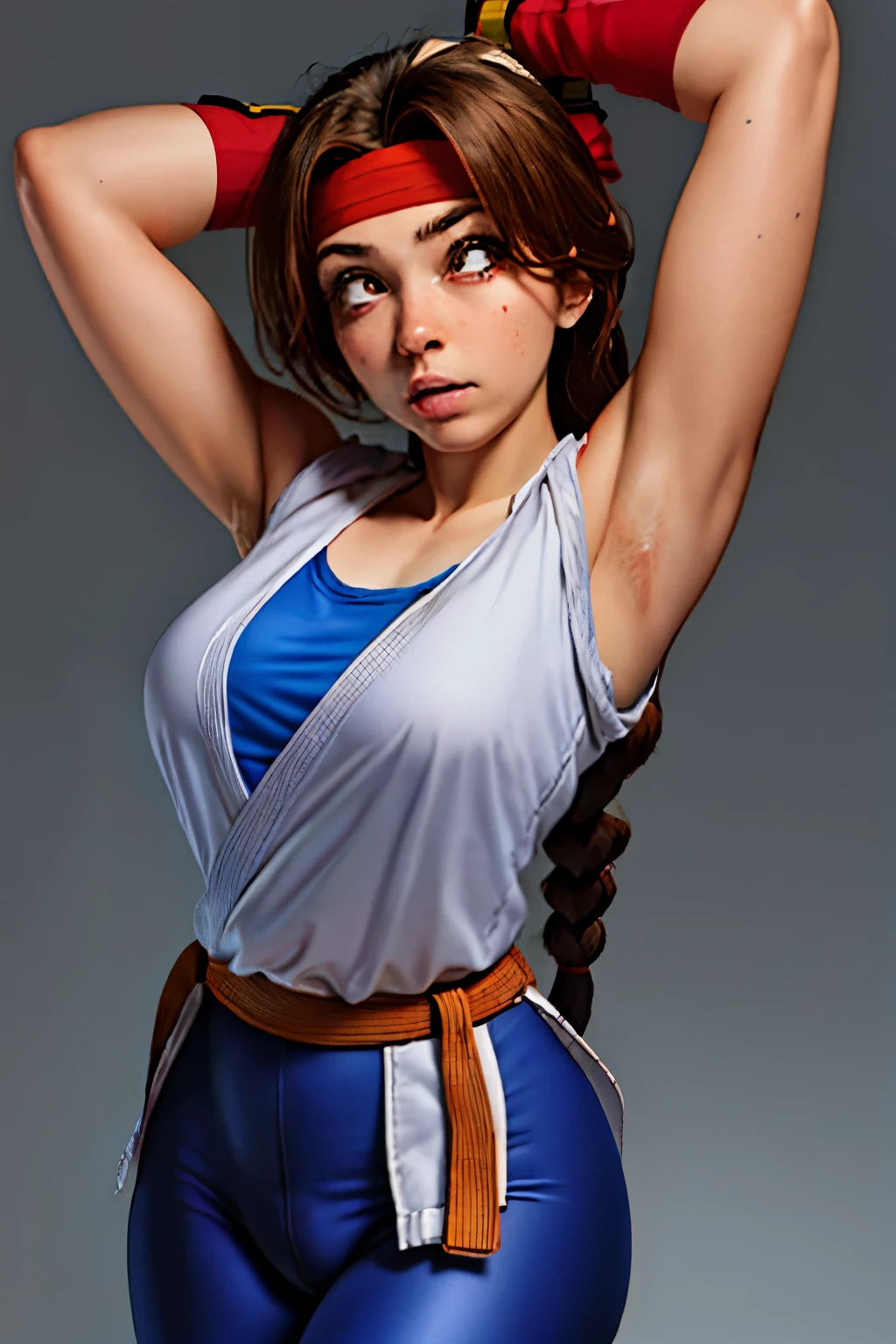 (masterpiece, best quality, high resolution, absurdities, unity 8K wallpaper, CG:1 extremely detailed:1), (illustration:1.0), 1girl((21 years, defined body, young woman, young adult, medium-big breasts)), solo, yurims, headband, dougi, spandex, gloves,,arms up,armpits, armpits,sweat,sweaty,sweaty armpits,awesome armpits,sweating ,sleeveless,exhausted,tired, wearing arm bands,arms raised,very tired,sweating,arms raised,both arms raised,sweaty,red arm warmers,red arm bands