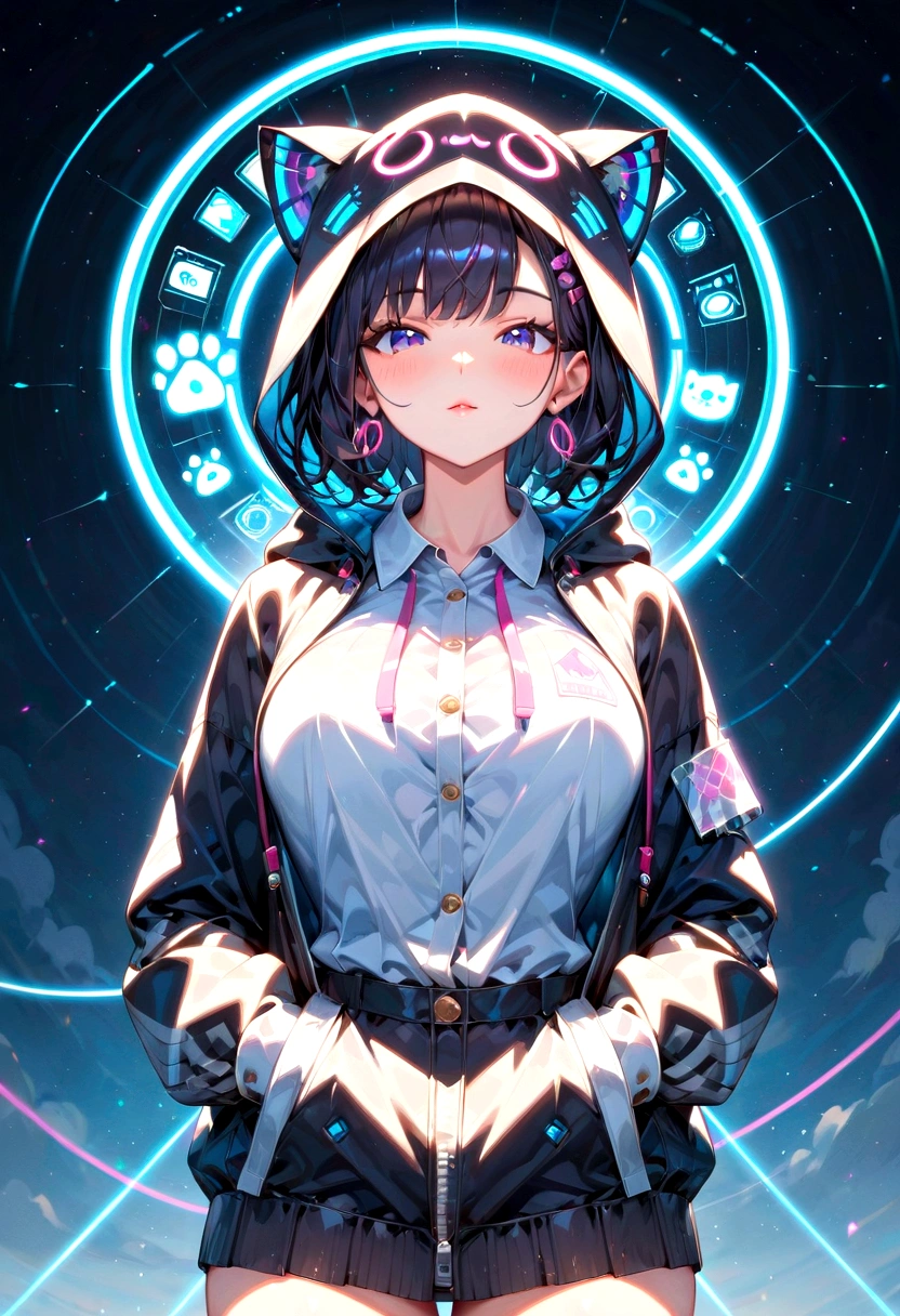 score_9, score_8_up, score_7_up, score_6_up, Anime girl with black hair and cat hat, Anime-style illustrations, Moe art style, Wallpaper 8K, Digital Illustration, Beautiful cat girl, She wears a hoodie with animal ears and techno-wear technology, futuristic fashion in black and Holographic colors, There are lots of details and buttons, Cable coming out of sleeve, The background features a simple pattern of cat motifs and paw prints., Purple and Black, Black Cat's Eyes, Holographic, Holo Details
