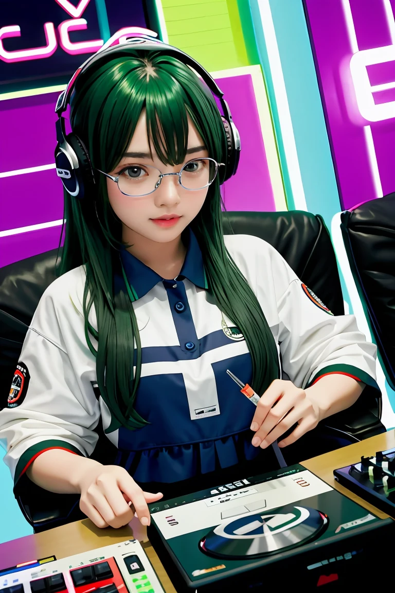 アニメ, djing girls, dj, dj girl, headphones, Rave, (highest image quality),masterpiece,best quality,extremely detailled CG wallpaper, ultra_detailled,(cinematic lighting:1.1), (Cold face), green eyes, 1girl, alone, Dark green_balck hair, short_balck hair, masterpiece, best quality, glasses