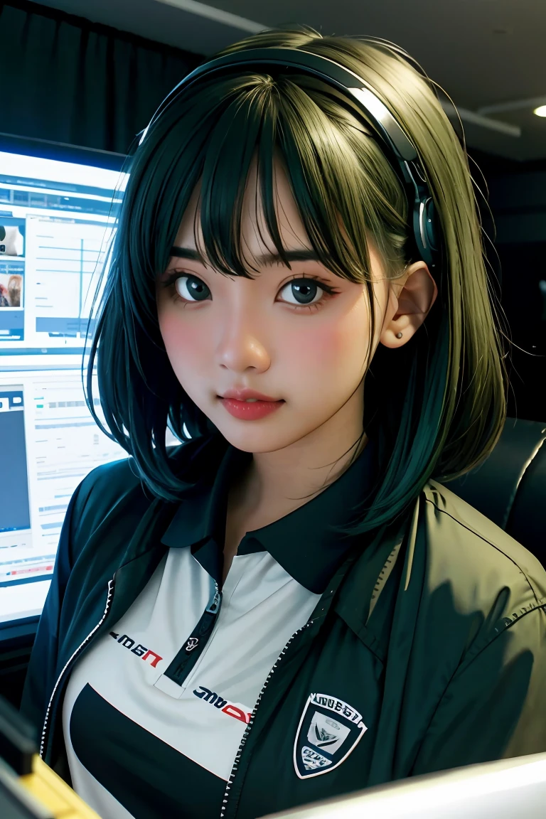 アニメ, djing girls, dj, dj girl, headphones, Rave, (highest image quality),​masterpiece,best quality,extremely detailled CG wallpaper, ultra_detailled,(cinematic lighting:1.1), (Cold face), green eyes, 1girl, alone, Dark green_balck hair, short_balck hair, ​masterpiece, best quality, glasses