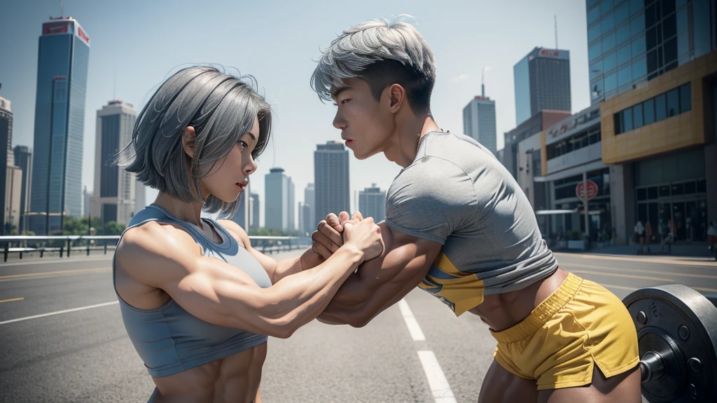 (Muscular young korean girl Marcelle Christina), arm wrestle, huge strong biceps volume, (flat chest), strong tonned exposed abs, muscular strong legs, bodybuilder muscles bursting in strength, exposed abs skin, (blue eyes), (short light grey hair), tight yellow tshirt and shorts, city background, (arm wrestle), skinny man