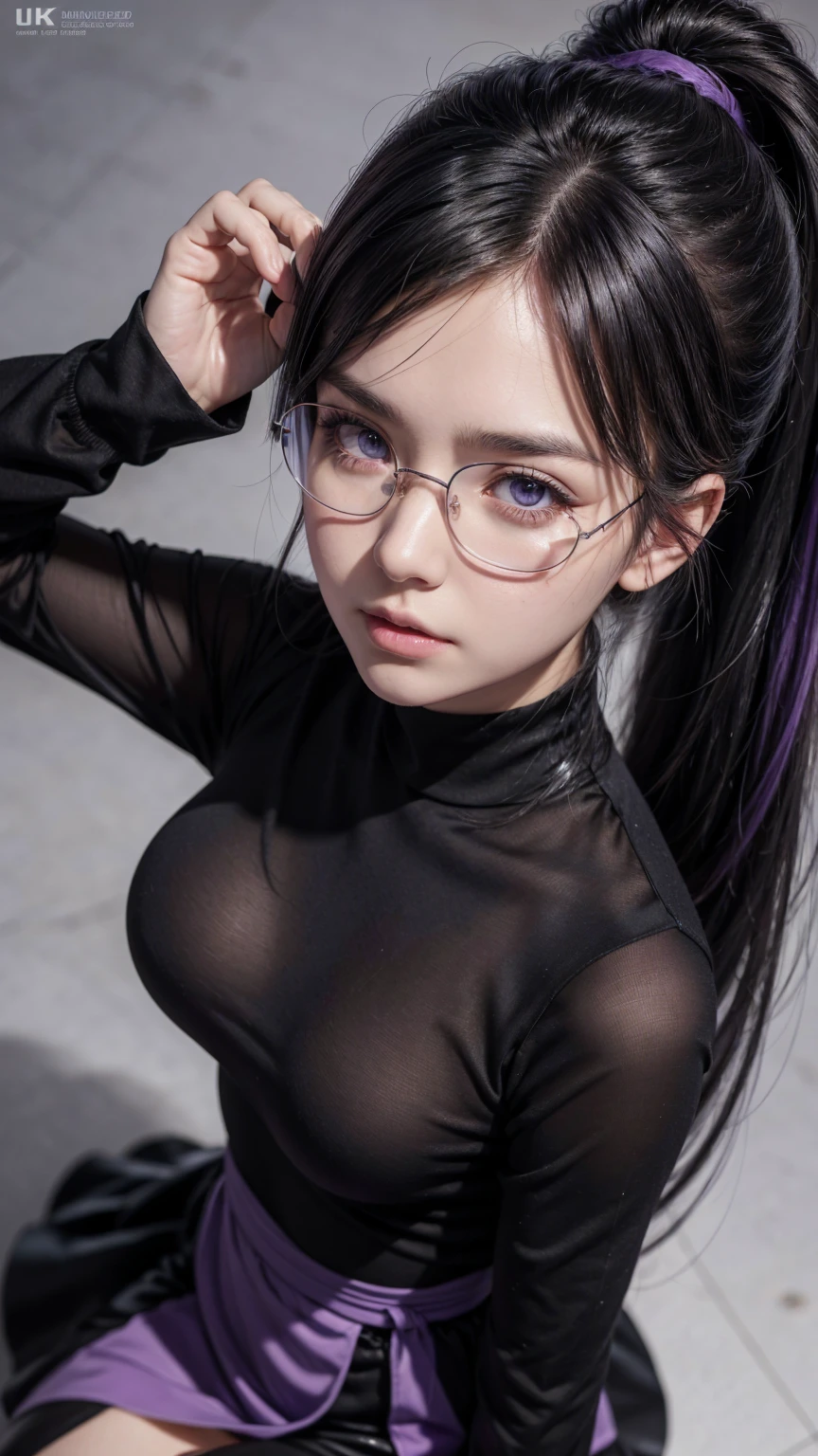 (masterpiece), (best quality), (4K) , (ultra resolution), (Super detailed)1 anime girl, long ponytail black hair, long sleeve dress, long skirts, martial artist, eyeglasses, black pantyhose, purple eyes, detailed face, detailed eyes,