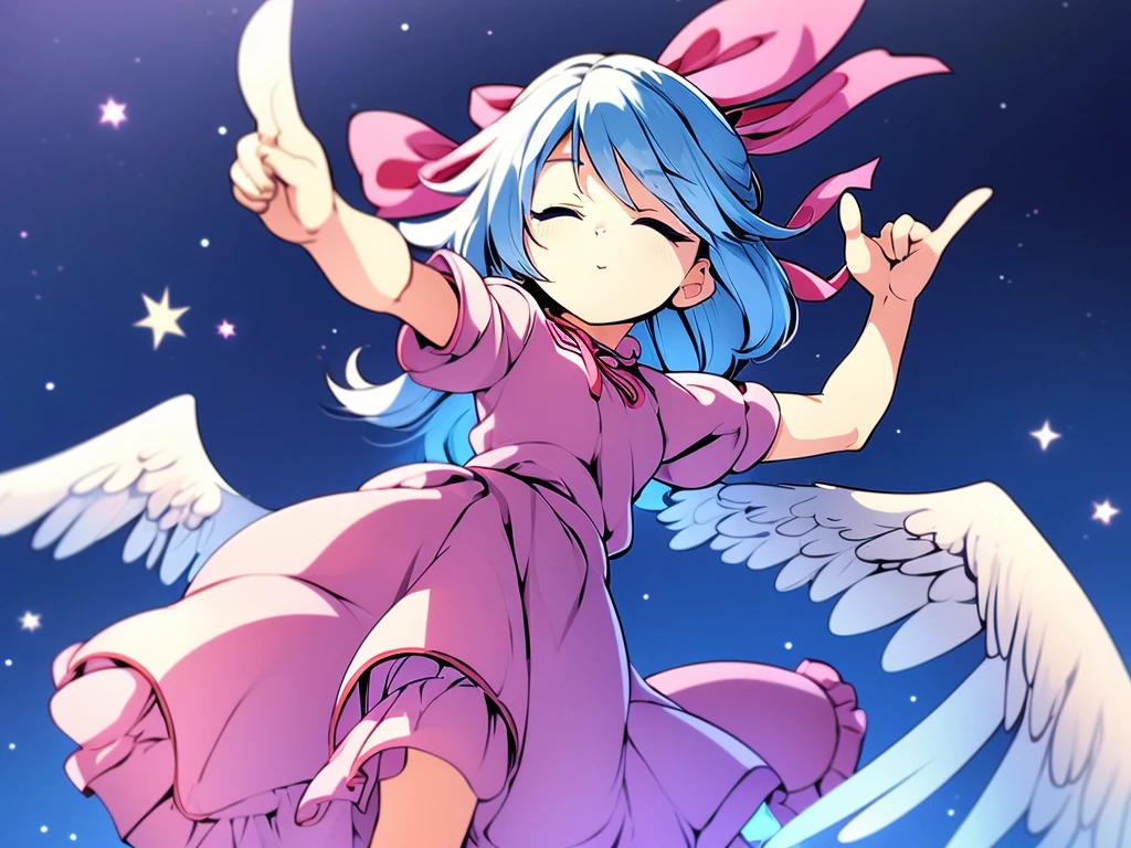 masterpiece, best quality, 1girl, , , , medium blue hair, hair flaps, pink ribbon on head, well-formed face, blue eyes, angel girl, white blouse, puffy short sleeves, red ribbon, angel wings, long white skirt, red shoes, frills, ribbon head, from behind, to lift up one’s skirt, cowboy shot, from front, standing , raise one leg, crossed arms, arms up behind, arms behind back, hand between legs, put hands hip, one hand on hip, forward hands, arms raised in the air, punch hands, peace sign, waving, put up index finger, sit, lie down, closed eyes, lie face down, looking back, put one hand chest, leaning forward, cleavage, close up, horizontally outstretched arms, horizontally outstretched legs, front view, front face