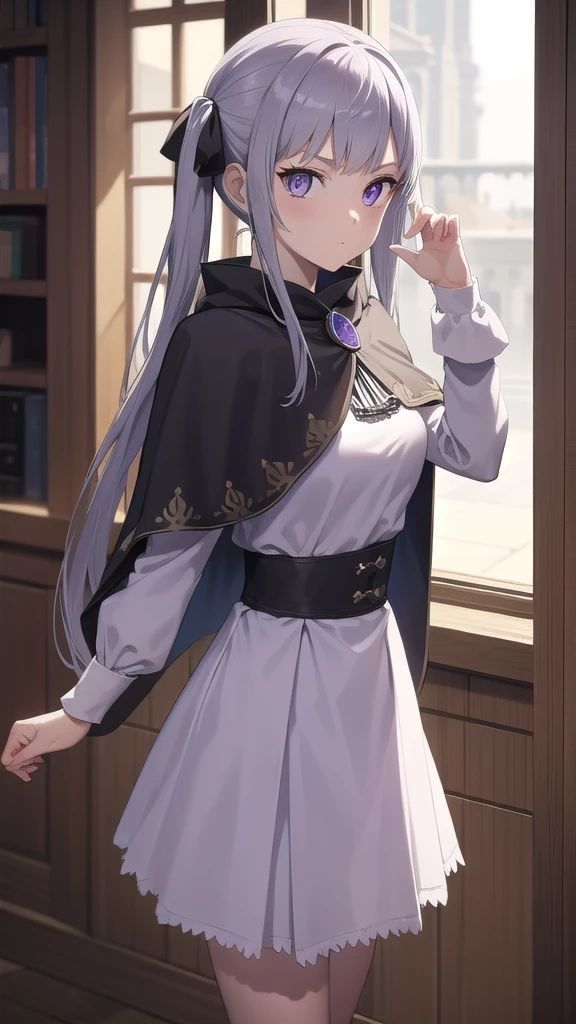 noellesilva, noelle silva, hair ribbon, long hair, (purple eyes:1.1), silver hair, twintails,
BREAK dress, white dress, capelet, skirt, purple skirt, (black capelet:1.5),
BREAK looking at viewer,
BREAK indoors,
BREAK (masterpiece:1.2), best quality, high resolution, unity 8k wallpaper, (illustration:0.8), (beautiful detailed eyes:1.6), extremely detailed face, perfect lighting, extremely detailed CG, (perfect hands, perfect anatomy), full body, standing, hand down