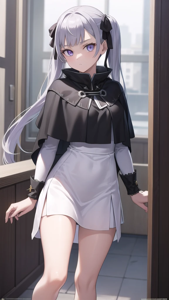 noellesilva, noelle silva, hair ribbon, long hair, (purple eyes:1.1), silver hair, twintails,
BREAK dress, white dress, capelet, skirt, purple skirt, (black capelet:1.5),
BREAK looking at viewer,
BREAK indoors,
BREAK (masterpiece:1.2), best quality, high resolution, unity 8k wallpaper, (illustration:0.8), (beautiful detailed eyes:1.6), extremely detailed face, perfect lighting, extremely detailed CG, (perfect hands, perfect anatomy), full body, standing, hand down