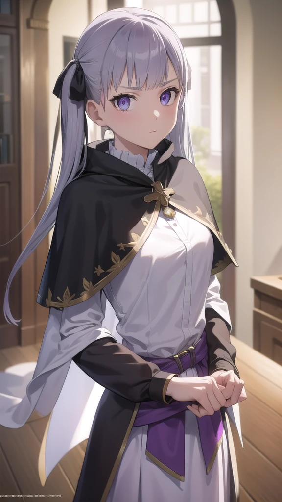 noellesilva, noelle silva, hair ribbon, long hair, (purple eyes:1.1), silver hair, twintails,
BREAK dress, white dress, capelet, skirt, purple skirt, (black capelet:1.5),
BREAK looking at viewer,
BREAK indoors,
BREAK (masterpiece:1.2), best quality, high resolution, unity 8k wallpaper, (illustration:0.8), (beautiful detailed eyes:1.6), extremely detailed face, perfect lighting, extremely detailed CG, (perfect hands, perfect anatomy), full body, standing, hand down