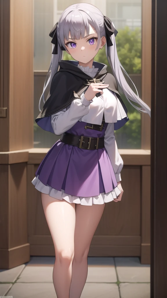 noellesilva, noelle silva, hair ribbon, long hair, (purple eyes:1.1), silver hair, twintails,
BREAK dress, white dress, capelet, skirt, purple skirt, (black capelet:1.5),
BREAK looking at viewer,
BREAK indoors,
BREAK (masterpiece:1.2), best quality, high resolution, unity 8k wallpaper, (illustration:0.8), (beautiful detailed eyes:1.6), extremely detailed face, perfect lighting, extremely detailed CG, (perfect hands, perfect anatomy), full body, standing, hand down