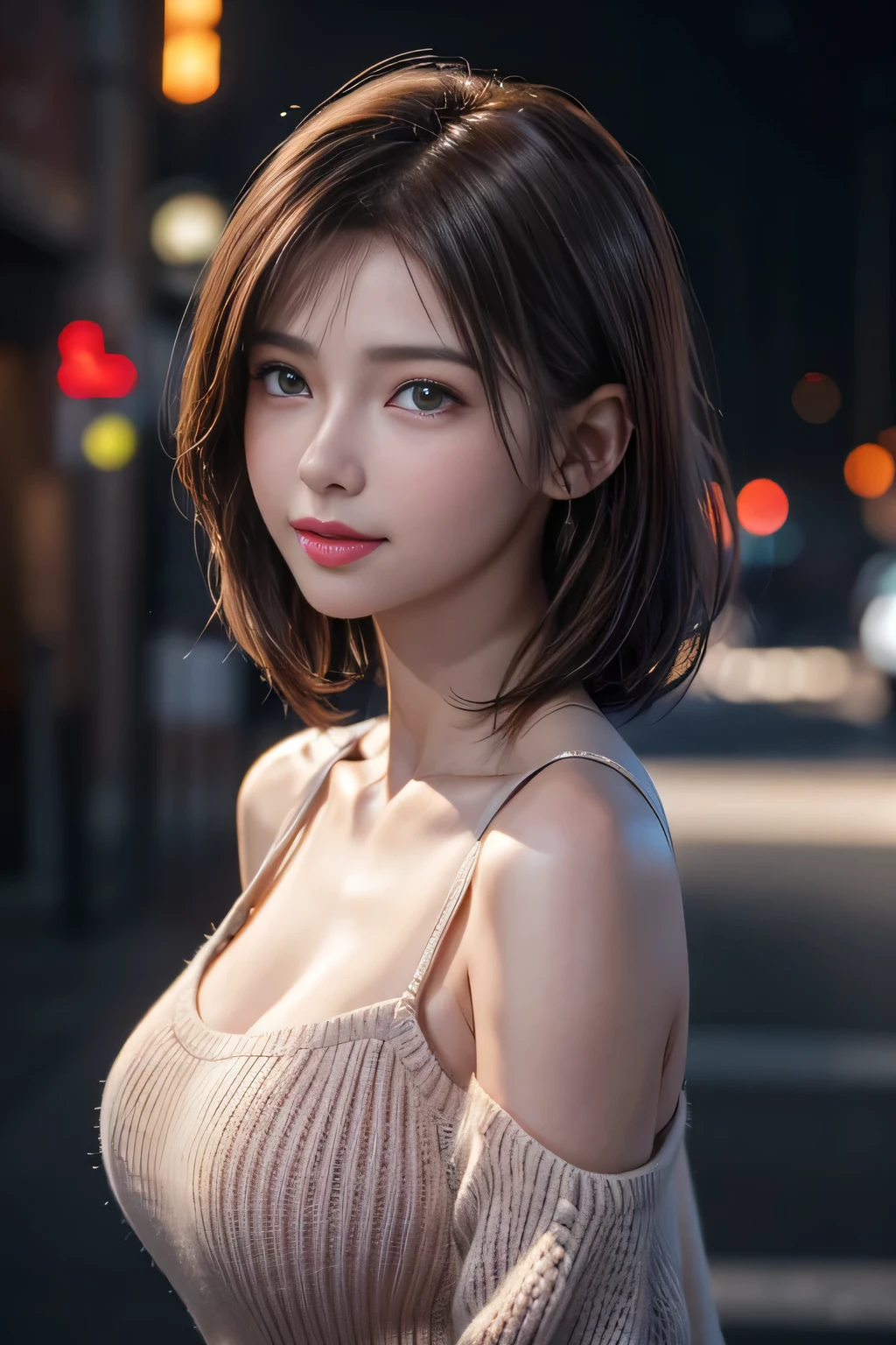 (logo, masterpiece, 8K, Tabletop, RAW Photos, wonderful, 最high quality, Photorealistic and very detailed CG synthesis 8K wallpaper, high quality, Very detailed, Narrative poem, Particle Effects, Dynamic Effects, Depth of the Boundary, Cinematic Light, Lens flare, Ray Tracing), short hair beautiful woman, Tie your hair back, Skin with attention to detail, Very fine, Fine skin, Beautiful Face, Realistic eyes, Beautiful and detailed, Realistic Skin, Beautiful Skin, surreal, Smiling Eyes, Hair and light eyes, Vibrant, Colorful lights and bokeh. The lighting casts a warm glow on her face and hair.. Creates a dreamy and magical atmosphere, Big Breasts, Brown Hair, short hair, plump lower lip, Pink blush on cheeks , Pink Lips, Brown tight no-shoulder knit sweater