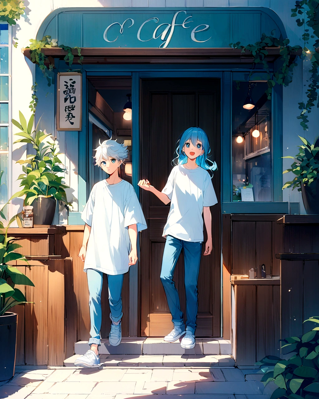 A vibrant anime-style illustration featuring a cheerful of a boy with short, flowing hair that transitions from black to white at the tips. He is wearing a light blue oversized t-shirt, blue shorts, and light blue sneakers. Another boy with slightly longer hair in a similar black-to-white gradient is standing beside him, wearing a white t-shirt and blue jeans. They are joyfully jumping in front of a cozy, modern cafe with a blue exterior and wooden elements. The cafe has a sign with cursive writing above the door and an inviting interior with warm lighting and wooden furniture. The scene is set on a sunny day with lush green plants around the entrance, creating a bright and lively atmosphere.