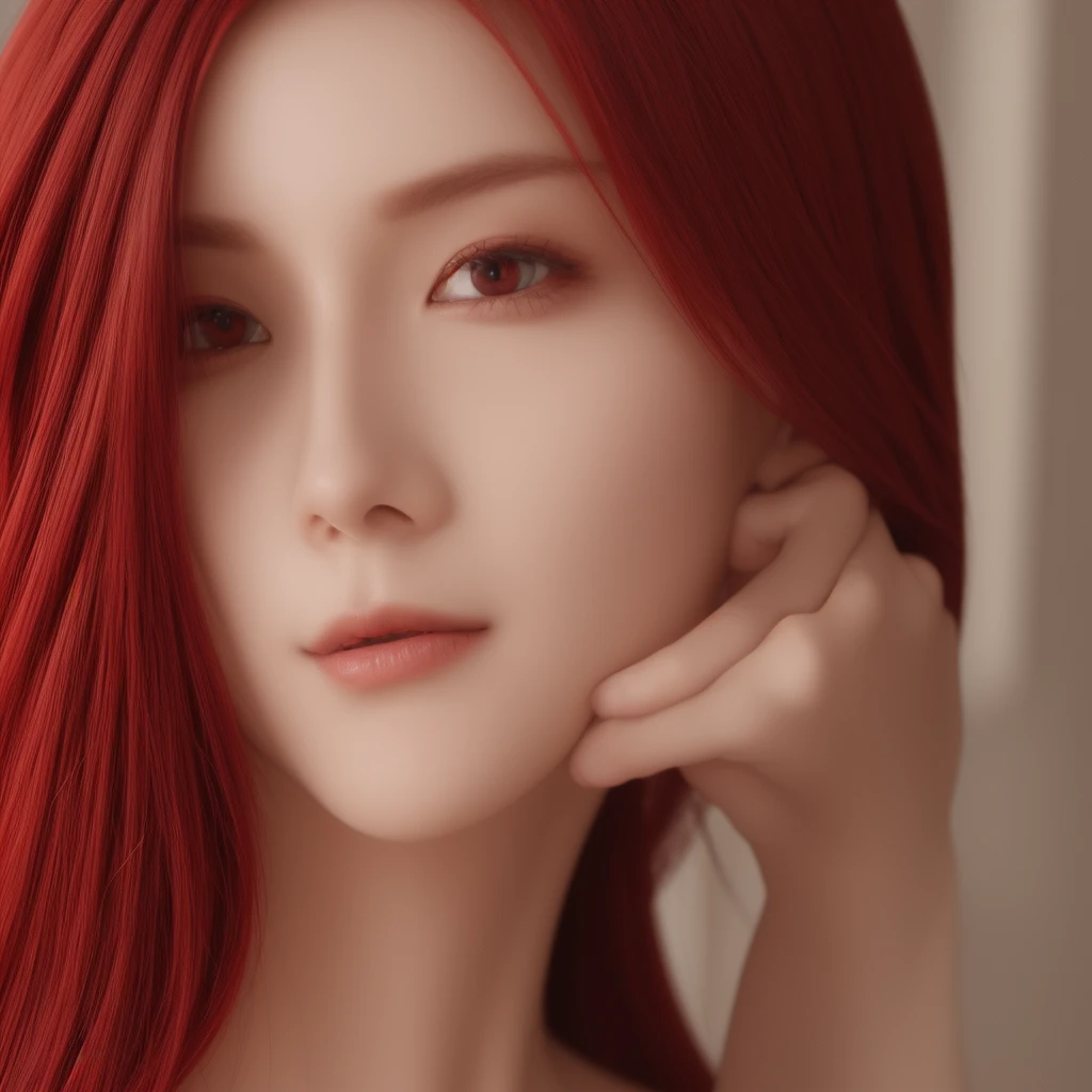 Red hair, sinister face, seductive, zoom to face, red eyes 