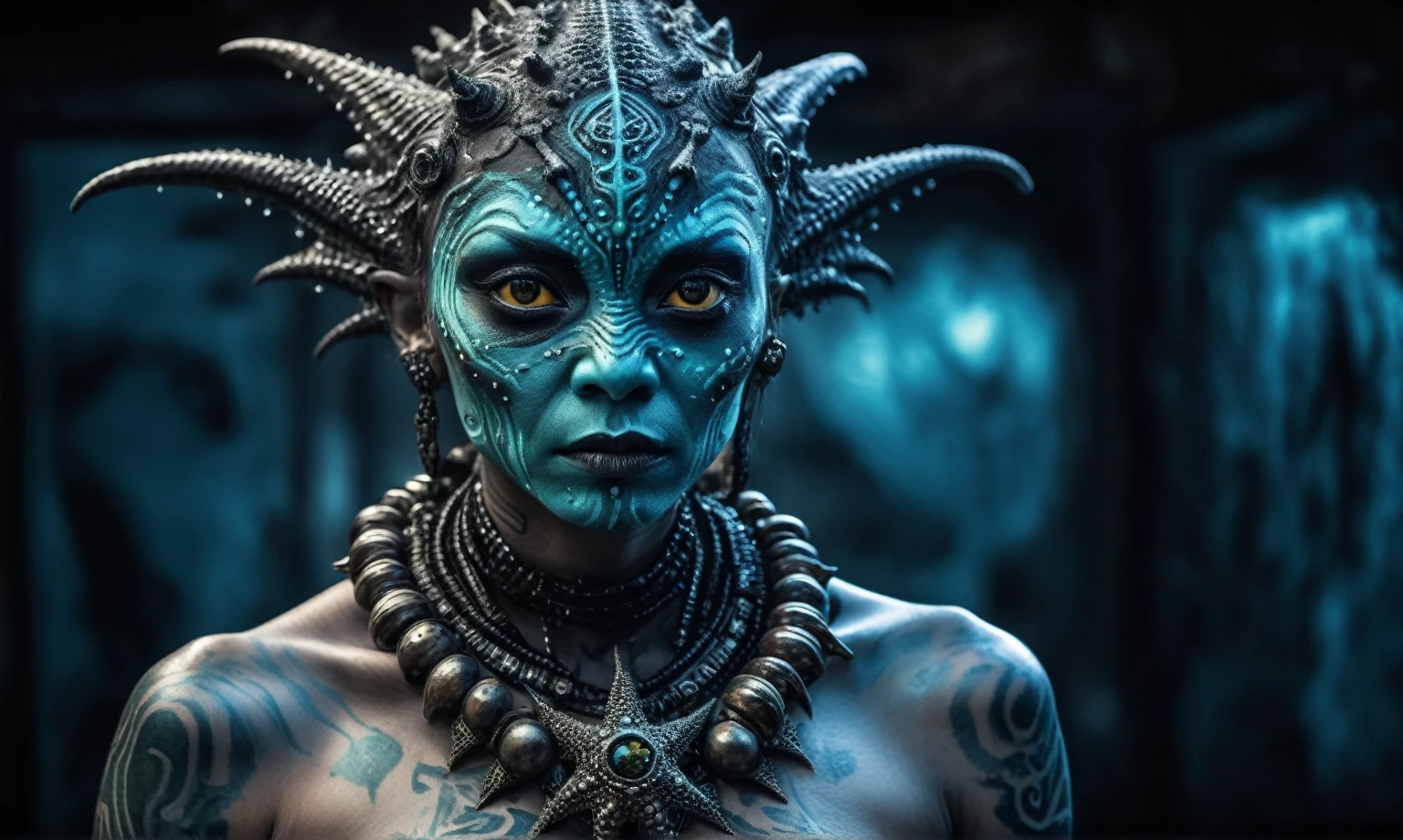 full body length shot,nerd graphite  Alien Entity,native africa slave ,nowadays azctec central city,Cinematic,soft colors, Technicolor,natural skin textures, hyper realism, hyper detailed,Extremely detailed,High contrast,Masterpiece,Realistic,Ultra Detailed, intricate details,realistic humid leather,extremely intricate details,Epic Realistic, cinematic style, irina yermolova,high contrast,hdr,extremely detailed, [deep night landscape],masterpiece, intricate details, eyes extremely detailed, high detailed eyes,8k resolution,retina, Nikon Z9,Korea,orc,full body length,tattoo, Pisces, transition between two art styles, Double contact, X-ray, Creative, vivid light, fantasy, Abstract, Surrealism, super detailed, high resolution,insanity wear,skin  almost translucent,  symbols of mourning and gothic elements, further emphasizing its dark air,Mestichino,Light particles,chaos,starfish's leather
