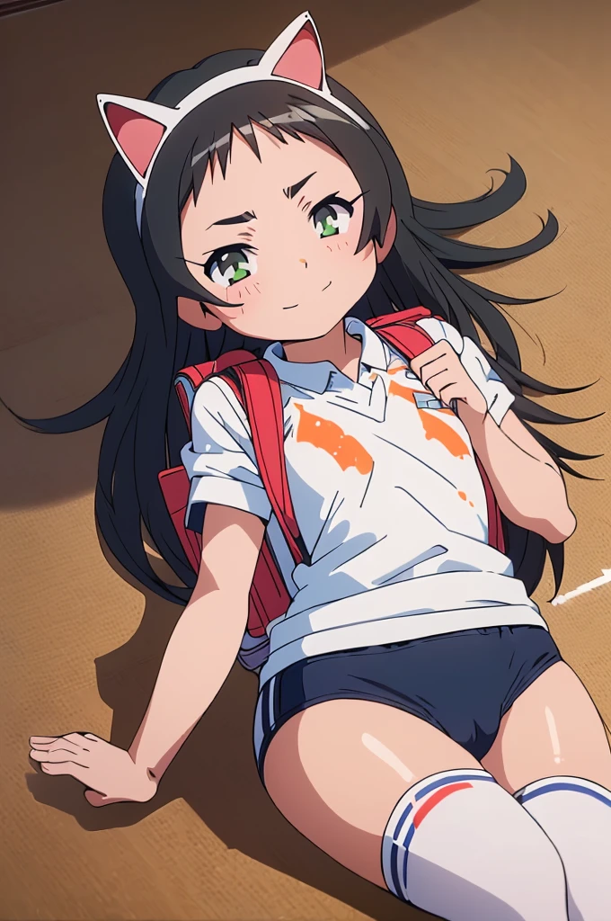 masterpiece, ultra quality, ultra sharp, ultra detailed, 1girl, solo, (((good anatomy))), haduki kurumi, (tattered torn dripping wet white gym shirt), navy gym pants, animal ears, randoseru, name tag, Japanese anime pose, laugh, BurumaShorts, Buruma, Gym Uniform, (((lying:1.4, spread_legs, legspread, split_legs, spreading legs)), (randoseru backpack:1.4), (smirk smile), buruma, blue buruma, black buruma, (cameltoe), (tattered torn short sleeve white gym uniform with colored hem), (tiny nipples), (white long loose socks), strong lighting, legspread, bukkake, cum on clothes, cum on legs, cum on buruma, cum on bloomers,