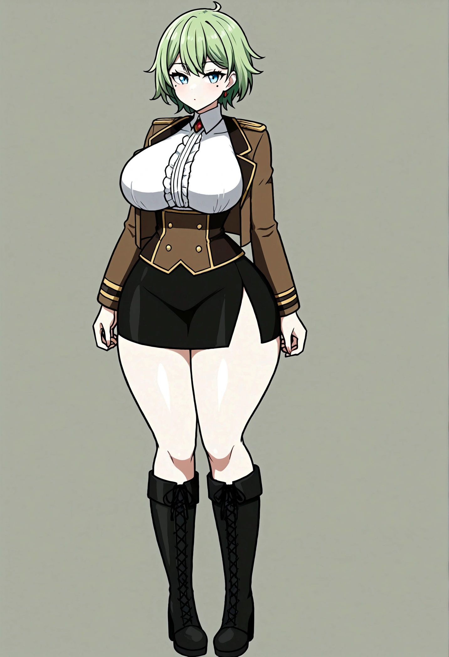 Girl with emerald green hair long to her knees, light blue eyes, White skin, small mole on your right cheekbone, big breasts, thin waist, big hips, white blouse, brown jacket, black skirt , military style boots, apocalipsis zombie.