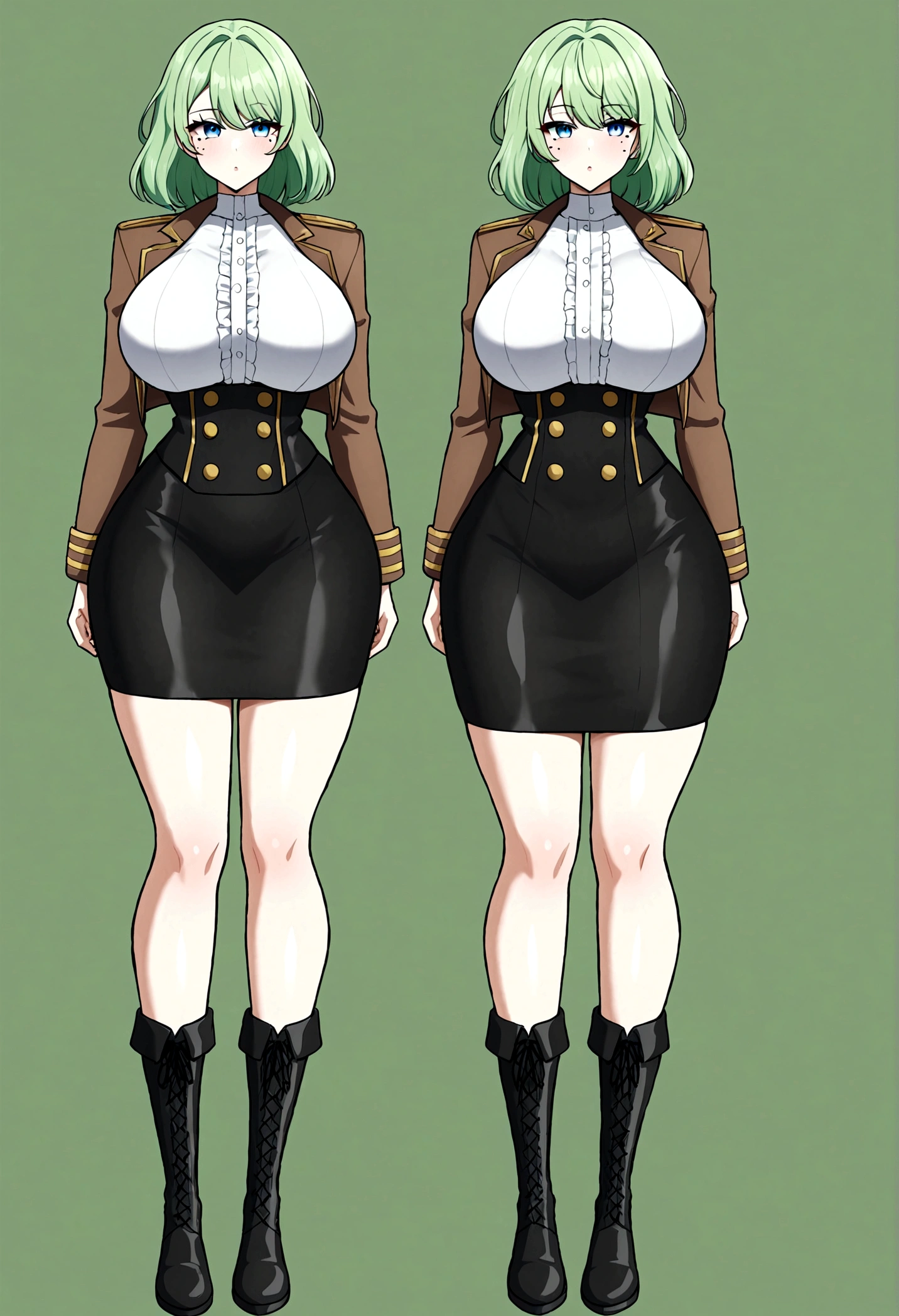 Girl with emerald green hair long to her knees, light blue eyes, White skin, small mole on your right cheekbone, big breasts, thin waist, big hips, white blouse, brown jacket, black skirt , military style boots, apocalipsis zombie.