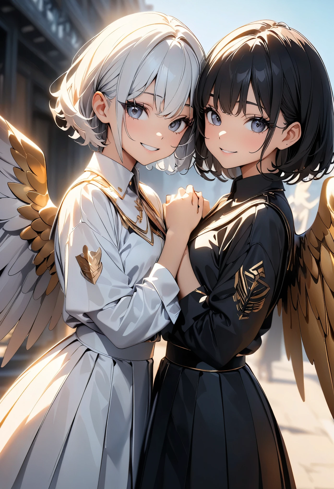 (high quality, 8K, 4K, High Contrast, masterpiece:1.2, 最high quality, Best aesthetics), ((Two Angels:1.2, Two people standing close together)), Gold Angel and Silver Angel, Friendly smile.