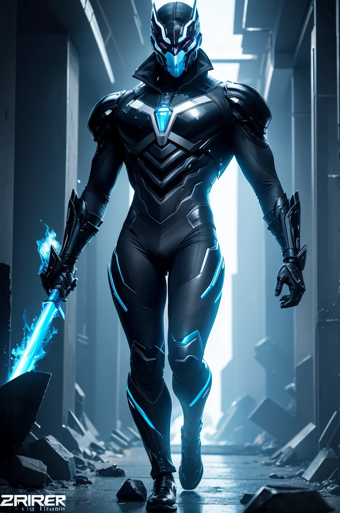 A character only future, Half-robot man, full body athletic man with futuristic black clothes, cyber, blue and glittering details on your outfit, skull mask tight on your face, he holds a very large fire sword bigger than him. The image is extremely realistic, uma obra prima, futuristic image for a hero comic.