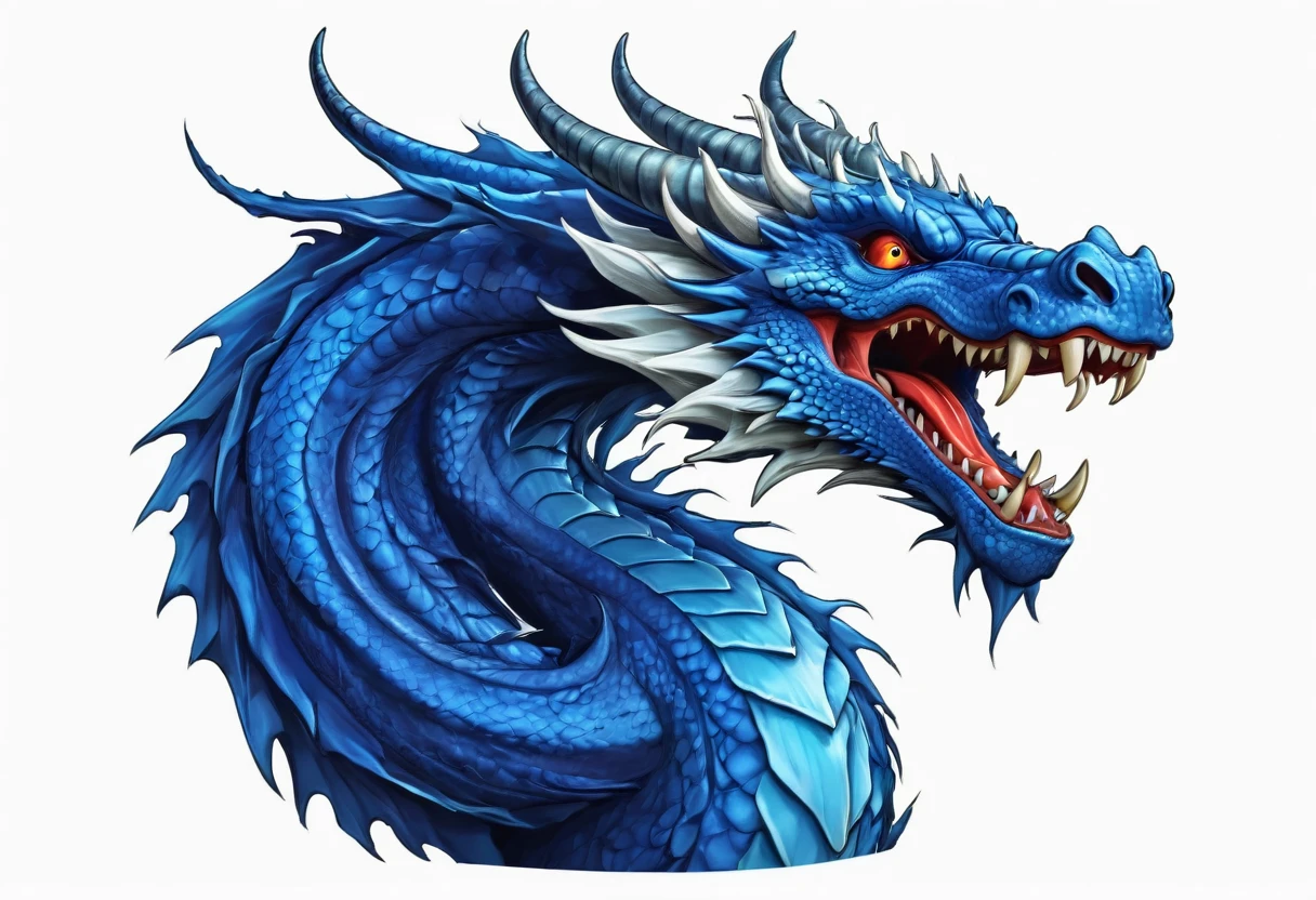A blue oriental dragon，Blue dragon，Blue Dragon Head，Horns on the head，fear，Scary，Huge teeth，ferocious，（((side view：1.5))），White background，cartoon，Second Dimension