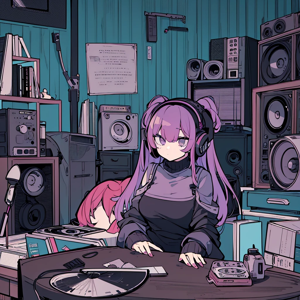 Best quality, (masterpiece), best detail face,1 girl, good breasts, 18 yo, 8k,absurdres,unity 8k wall paper,(extremely detailed:1.3), highest realistic, (retro headphones:), Her room full of music equipment and records, Light clothing, she is lazy, See the whole room, She is leaving the room, dark purple color palette