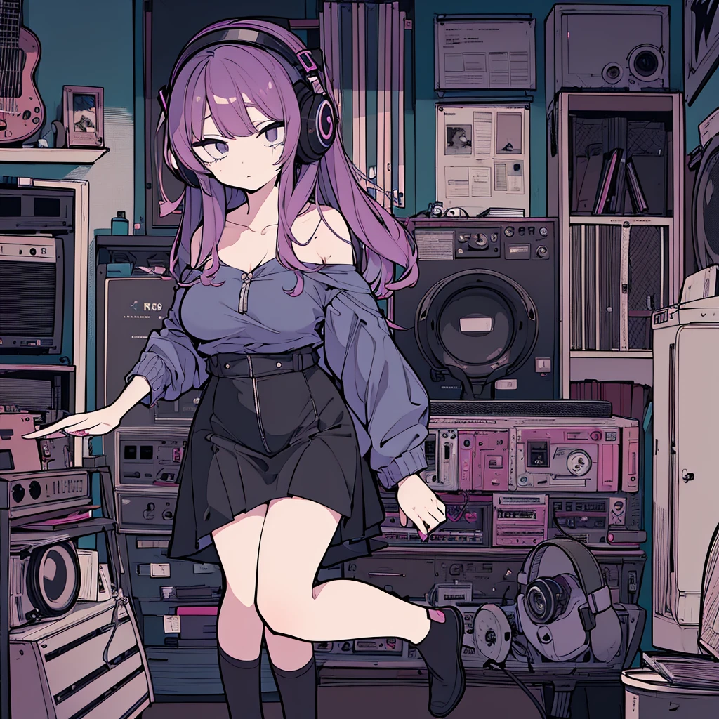 Best quality, (masterpiece), best detail face,1 girl, good breasts, 18 yo, 8k,absurdres,unity 8k wall paper,(extremely detailed:1.3), highest realistic, (retro headphones:), Her room full of music equipment and records, Light clothing, she is lazy, See the whole room, She is leaving the room, dark purple color palette