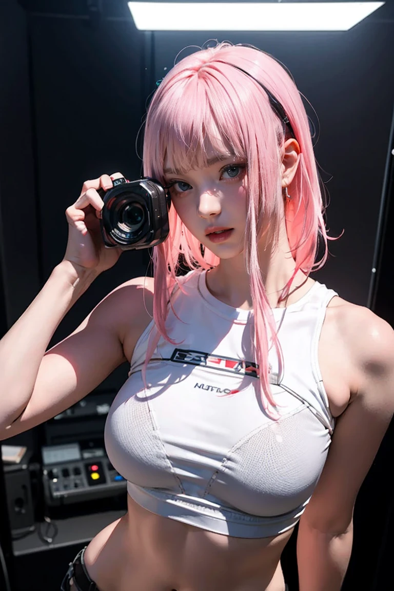 Highest quality, Ultra-high resolution, Realistic, Browsing Caution, Cyberpunk sexy pink hair girl、Take photos in a studio environment with a gray background, View your viewers, Upper Body, thin, Visible Cracks, Crop top, Big Breasts, (See-through)