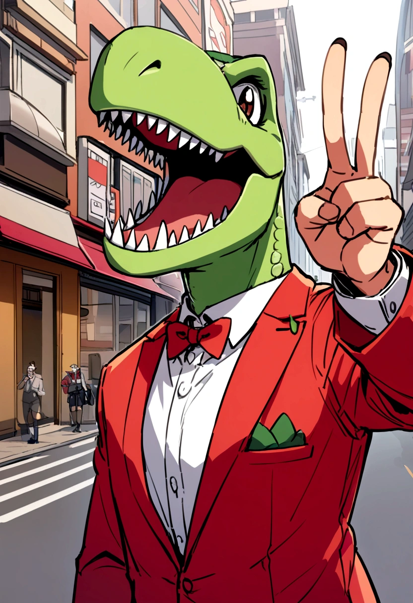 A dinosaur wearing a red tuxedo is smiling and making a peace sign at the camera in the city