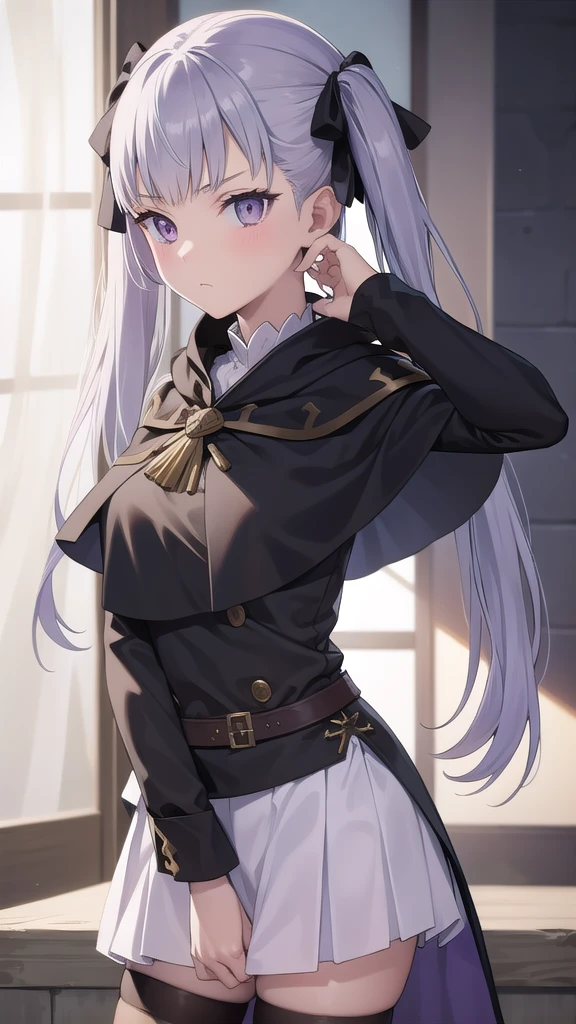 noellesilva, noelle silva, hair ribbon, long hair, (purple eyes:1.1), silver hair, twintails,
BREAK dress, white dress, capelet, skirt, purple skirt, (black capelet:1.5),
BREAK looking at viewer,
BREAK indoors,
BREAK (masterpiece:1.2), best quality, high resolution, unity 8k wallpaper, (illustration:0.8), (beautiful detailed eyes:1.6), extremely detailed face, perfect lighting, extremely detailed CG, (perfect hands, perfect anatomy), full body, standing, hand down