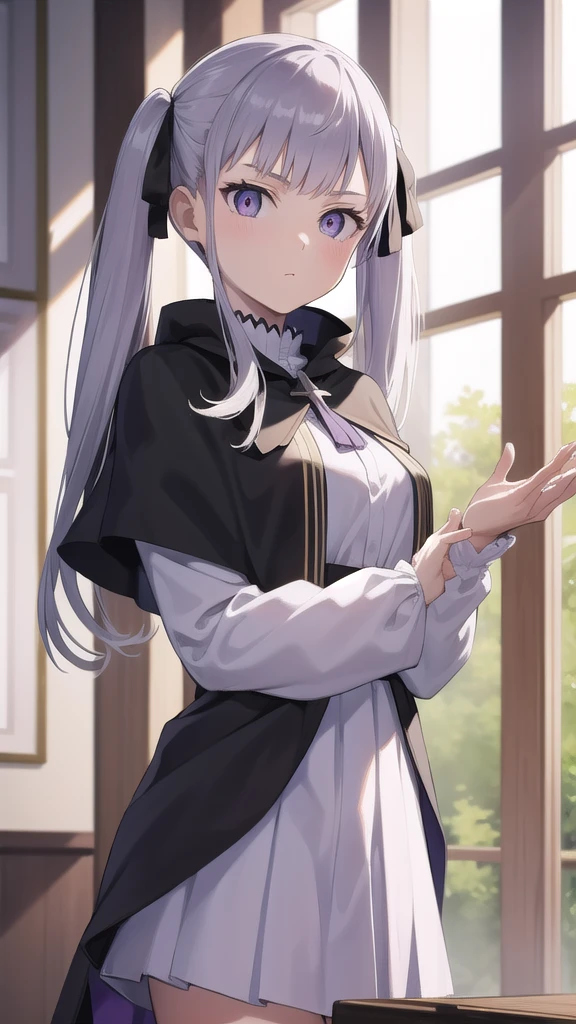 noellesilva, noelle silva, hair ribbon, long hair, (purple eyes:1.1), silver hair, twintails,
BREAK dress, white dress, capelet, skirt, purple skirt, (black capelet:1.5),
BREAK looking at viewer,
BREAK indoors,
BREAK (masterpiece:1.2), best quality, high resolution, unity 8k wallpaper, (illustration:0.8), (beautiful detailed eyes:1.6), extremely detailed face, perfect lighting, extremely detailed CG, (perfect hands, perfect anatomy), full body, standing, hand down