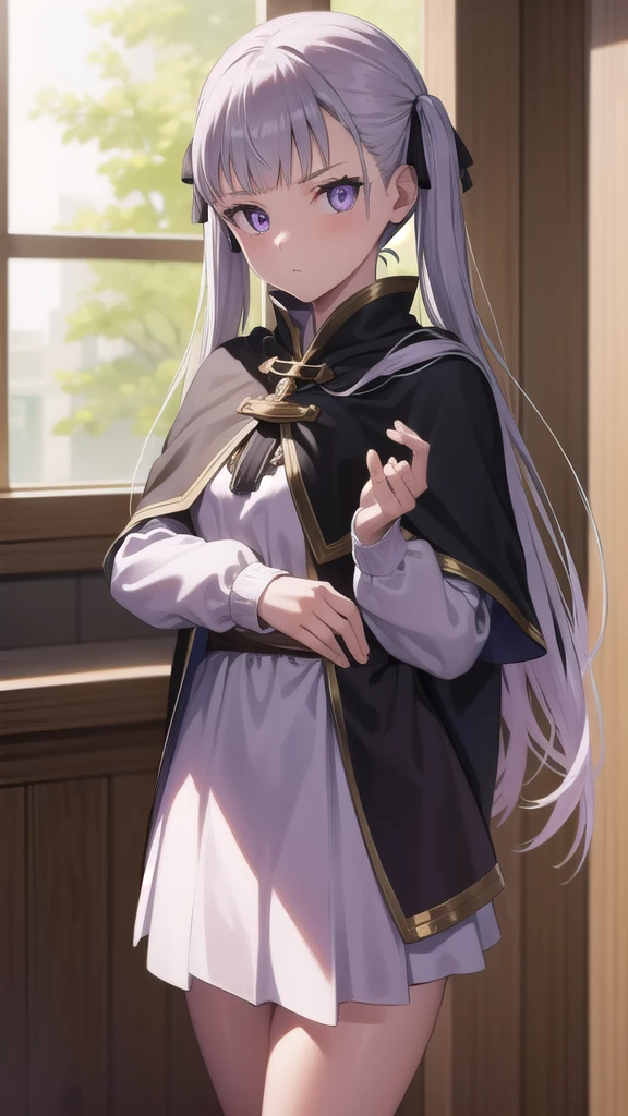 noellesilva, noelle silva, hair ribbon, long hair, (purple eyes:1.1), silver hair, twintails,
BREAK dress, white dress, capelet, skirt, purple skirt, (black capelet:1.5),
BREAK looking at viewer,
BREAK indoors,
BREAK (masterpiece:1.2), best quality, high resolution, unity 8k wallpaper, (illustration:0.8), (beautiful detailed eyes:1.6), extremely detailed face, perfect lighting, extremely detailed CG, (perfect hands, perfect anatomy), full body, standing, hand down