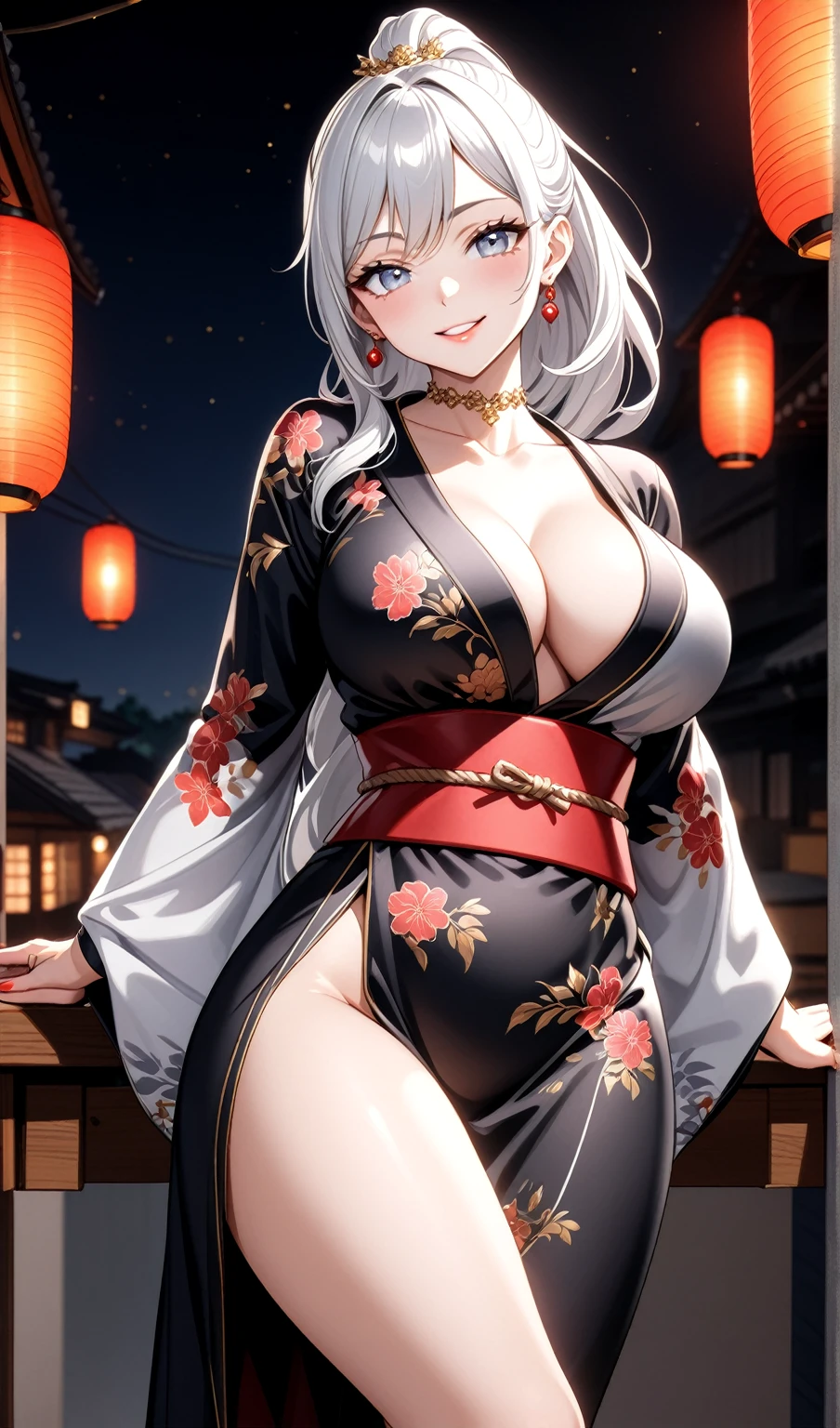 ((One personの女性)), Beautiful Face, (Laughing embarrassedly), (seductive smile:1.4), ((Wink:1.9)), (head tilt:1.3), Laugh with your mouth wide open, upper teeth, looking at viewer, ((Bright red cheeks:1.4)),Glossy Red Lips,Night view, High veranda, firework, Glossy red lips, Shining Face, ((Anime style background)),masterpiece, Highest quality, so beautiful,up to date, Complex details, (Pink long nails),(ring),(bracelet),(Floral choker),AI-generated, Complex,High resolution, Highest quality, super high quality,3D Images、3D Images,One person,Long white hair,High Ponytail, Anime woman posing for a photo,(blue eyes), ((Fine grain、Silvery white, lightly pigmented eyes、Shining Eyes:1.3)), (Squint your eyes:1.1),a hyperRealistic , hyperRealistic , Realistic,Anime woman with long white hair, Smooth anime CG art, A woman in a colorful kimono with gold embroidery, ((Black long sleeve kimono)),Red floral pattern,Long flower hair ornament,Earrings,Mature Body,(Big Breasts:1.1),Tall,Abdominal muscles,Tight waist, ((looking away)),