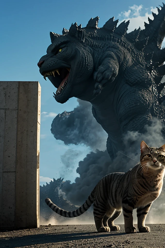 Cat escapes danger from Godzilla