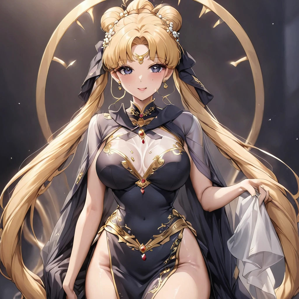 ((Highest quality)), ((masterpiece)), (detailed), (Perfect Face)、The woman is wearing a gorgeous, glittering, long-slit see-through Chinese dress with gold embroidery, a black veil and a black see-through cape, and luxurious jeweled accessories.、The woman is the elegant Tsukino Usagi, with long blonde hair in a chignon twin tail.