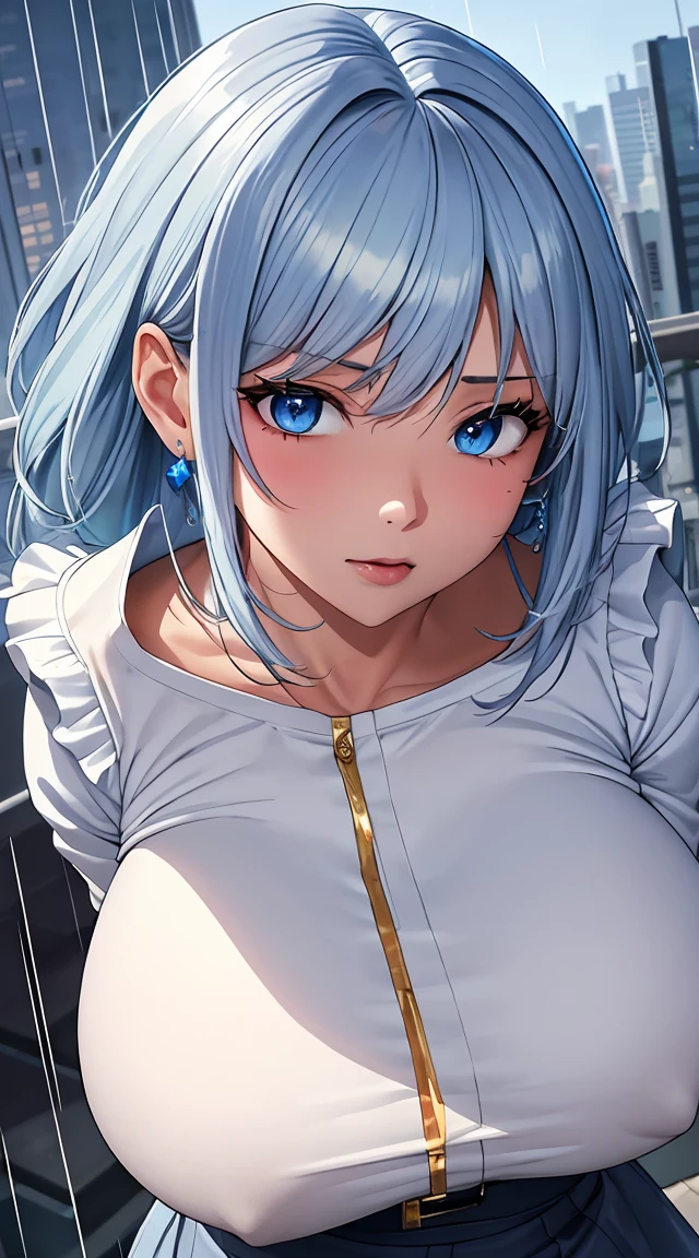 (best quality:1.5, high resolution, Ultra HD, 4K, Detailed lighting, Shaders), White and blue hair, Gradient hair, Large Breasts, Set, Grey shirt, Social shirts, Short skirt, Mature woman , (Throw), White background, Colored eyeshadow, Dramatic Lighting, Bright Eyes, Emotional expression, Gold earrings, Flowing hair, Exquisite facial features, Dark Skin, High cheekbones, rain, city environment, White background, Don't look for the camera, Lean over, View from behind, Wet by the rain.Super big breasts,Open mouth drooling,Blushed