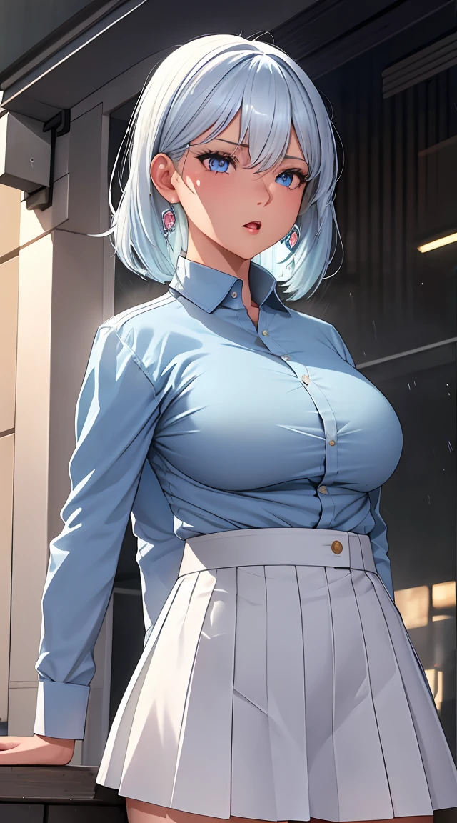 (best quality:1.5, high resolution, Ultra HD, 4K, Detailed lighting, Shaders), White and blue hair, Gradient hair, Large Breasts, Set, Grey shirt, Social shirts, Short skirt, Mature woman , (Throw), White background, Colored eyeshadow, Dramatic Lighting, Bright Eyes, Emotional expression, Gold earrings, Flowing hair, Exquisite facial features, Dark Skin, High cheekbones, rain, city environment, White background, Don't look for the camera, Lean over, View from behind, Wet by the rain.Super big breasts,Open mouth drooling,Blushed