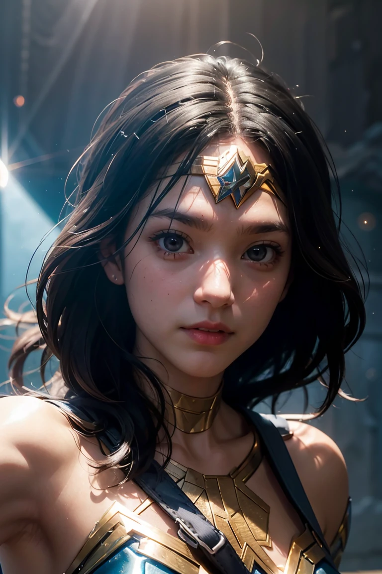 Scene from Movie, Wonder Woman from DC Close-Up, Distorted Space, Distorted Undead in the Background, Lens Flares, Light Shafts, Intricate Details, High Detailed, Volumetric Lighting, 4k Rendering, Stock Photo, Hyper-Realistic, Realistic Textures, Dramatic Lighting, Unreal Engine