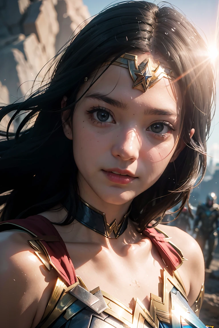 Scene from Movie, Wonder Woman from DC Close-Up, Distorted Space, Distorted Undead in the Background, Lens Flares, Light Shafts, Intricate Details, High Detailed, Volumetric Lighting, 4k Rendering, Stock Photo, Hyper-Realistic, Realistic Textures, Dramatic Lighting, Unreal Engine
