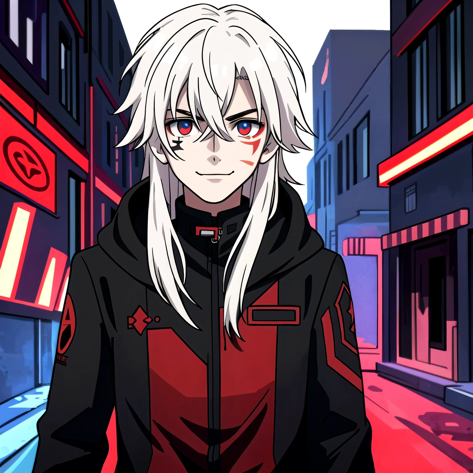 (high-quality, breathtaking),(expressive eyes, perfect face) portrait, Symmetrical Eyes, 1boy, male, teenager, solo, looking at viewer, portrait, simple background, white background, apocalyptic theme, ruined city buildings, alleyway, allen walker, red eye color, white hair, scar, facial mark, halfbody shot, long hair length, shoulder length hair, confident expression, charming, black and red jacket, hood, red trim, smirk, cyberpunk clothing, Abzu
