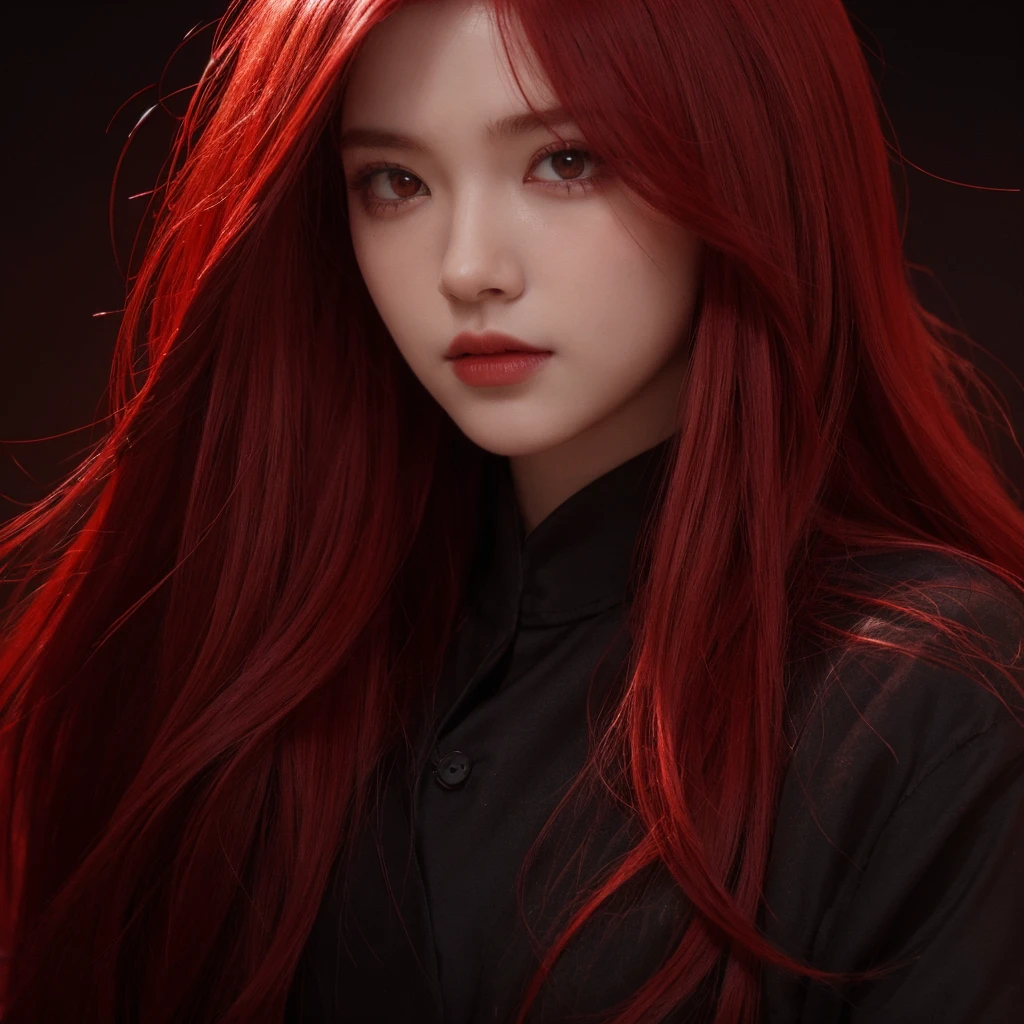 Red hair, sinister face, seductive, zoom to face, red eyes, one people