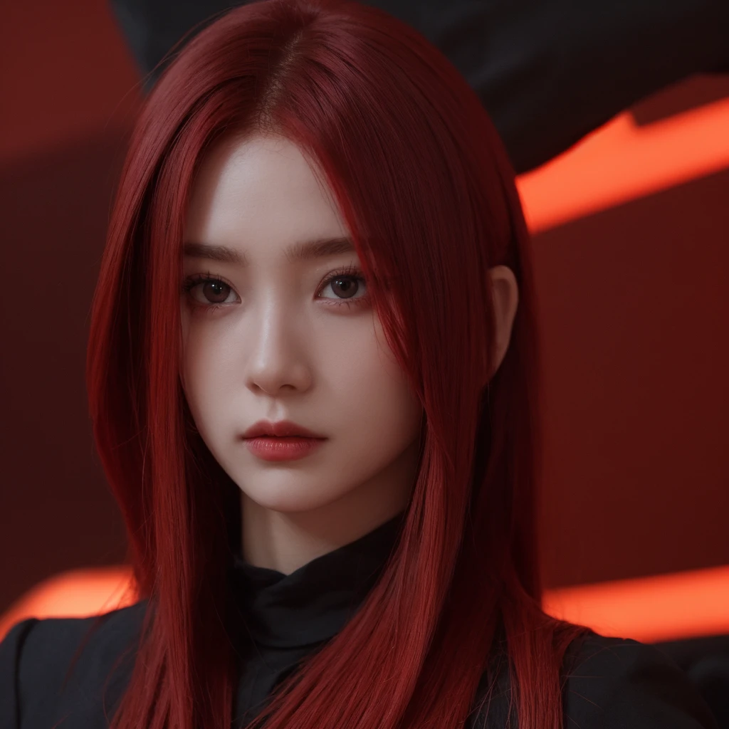 Red hair, sinister face, seductive, zoom to face, red eyes, one people