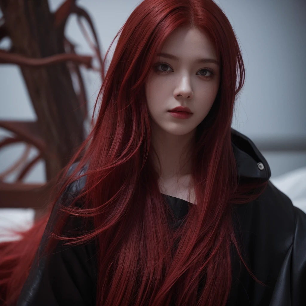 Red hair, sinister face, seductive, zoom to face, red eyes, one people