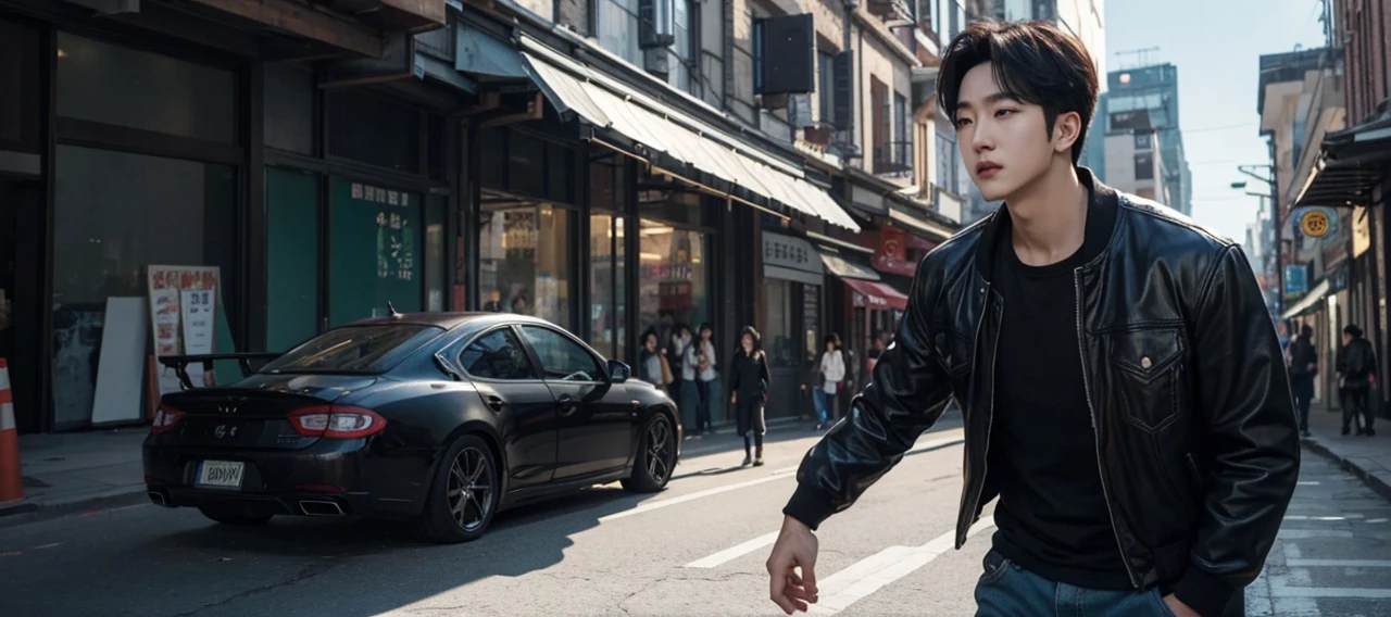 Real life adaption of this character, Korean Handsome face,cool expression, realistic same hair, (realistic same outfit), realistic same background destroyed city, realistic light, realistic shadow, realism, hyper realistic,(photorealistic:1.2)