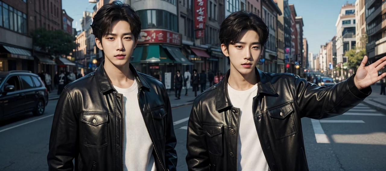Real life adaption of this character, Korean Handsome face,cool expression, realistic same hair, (realistic same outfit), realistic same background destroyed city, realistic light, realistic shadow, realism, hyper realistic,(photorealistic:1.2)