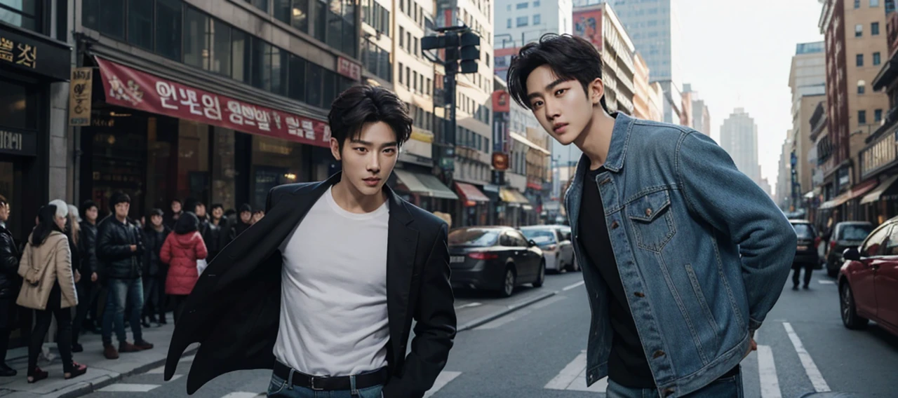Real life adaption of this character, Korean Handsome face,cool expression, realistic same hair, (realistic same outfit), realistic same background destroyed city, realistic light, realistic shadow, realism, hyper realistic,(photorealistic:1.2)