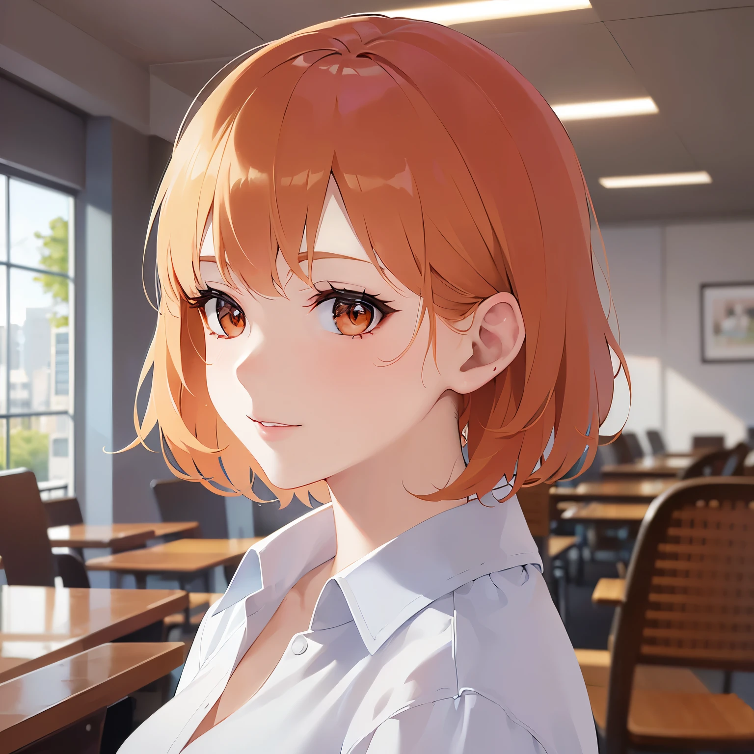 Upper Body, Realistic, real person, (pale skin: 1.2), RAW photo, photorealistic, portrait photography, shiny skin, shiny hair、(25 year old woman with orange bob cut) and (Orange Eyes) , White blouse、blush, smile, The background is the conference room、Alone、Are standing