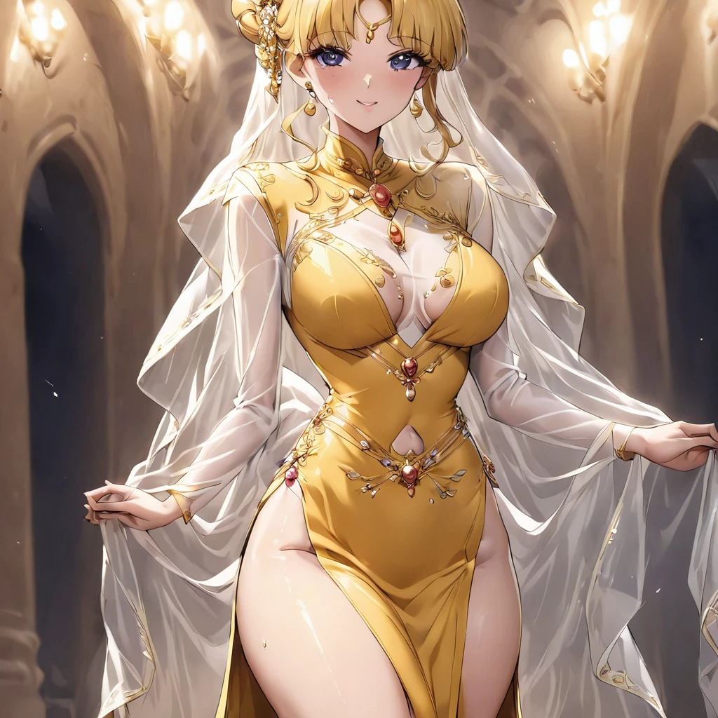 ((Highest quality)), ((masterpiece)), (detailed), (Perfect Face)、The woman is wearing a luxurious, glittering, long-slit, shiny, gold-colored see-through Chinese dress with gold embroidery, a gold-colored veil, and a gold-colored see-through cape, as well as luxurious jeweled accessories.、The woman is the elegant Tsukino Usagi, with long blonde hair in a chignon twin tail.