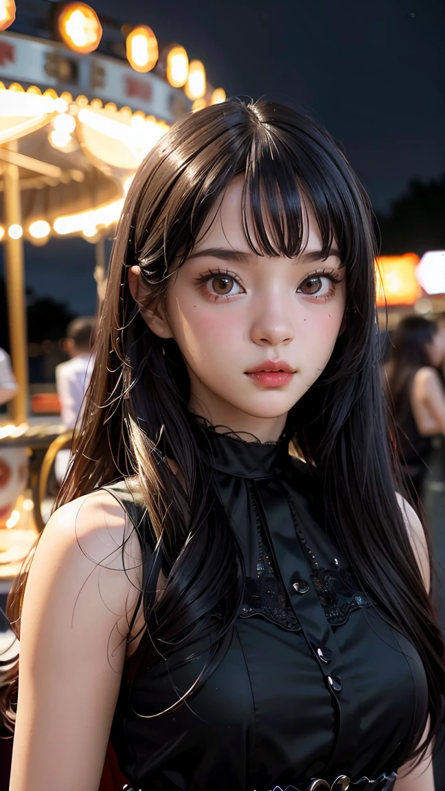 (8k, RAW photo, best quality, masterpiece:1.2), (realistic, photo-realistic:1.37) , 1girl, (carousel, night), miaoxiaoji(secret_tea), detailed face, detailed eyes, black dress