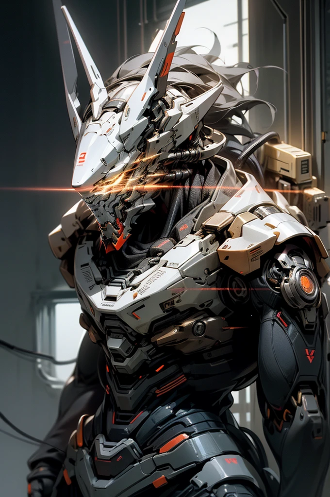 male mecha wearing ghost mask, stand posing, realistic outfit, polished, detailed body, detailed face, Detailed eye, Swollen eyes, top-quality, A high resolution, (reality: 1.4), Forward-facing body, (A hyper-realistic), (high resolution), (8K), (highly detailed), ( Best Illustration), (detailed eyes), (ultra-detailliert), Bright lighting, Professional Lighting、The background is a cyberpunk room with neon light.、The cord is connected from the costume