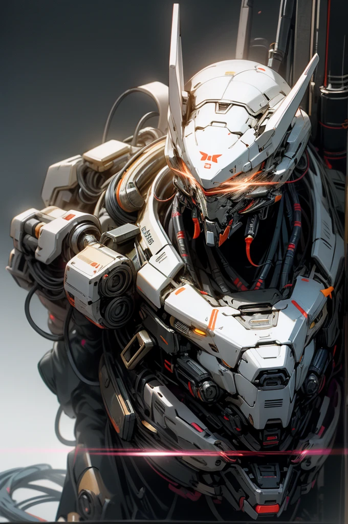 male mecha wearing ghost mask, stand posing, realistic outfit, polished, detailed body, detailed face, Detailed eye, Swollen eyes, top-quality, A high resolution, (reality: 1.4), Forward-facing body, (A hyper-realistic), (high resolution), (8K), (highly detailed), ( Best Illustration), (detailed eyes), (ultra-detailliert), Bright lighting, Professional Lighting、The background is a cyberpunk room with neon light.、The cord is connected from the costume
