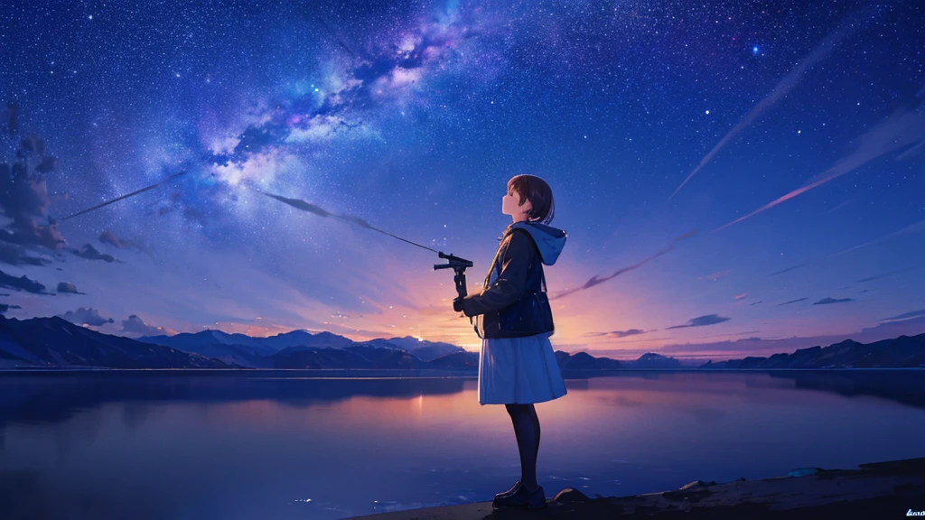 ((Highest quality)), ((masterpiece)), ((long range shooting)),night, Lovely lady,profile,Stand in the middle of a salt lake,The water surface is like a mirror,Reflecting the sky,Look at the sky。The Milky Way is in the sky。