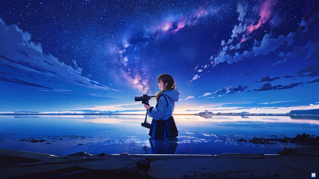 ((Highest quality)), ((masterpiece)), ((long range shooting)),night, Lovely lady,profile,Stand in the middle of a salt lake,The water surface is like a mirror,Reflecting the sky,Look at the sky。The Milky Way is in the sky。