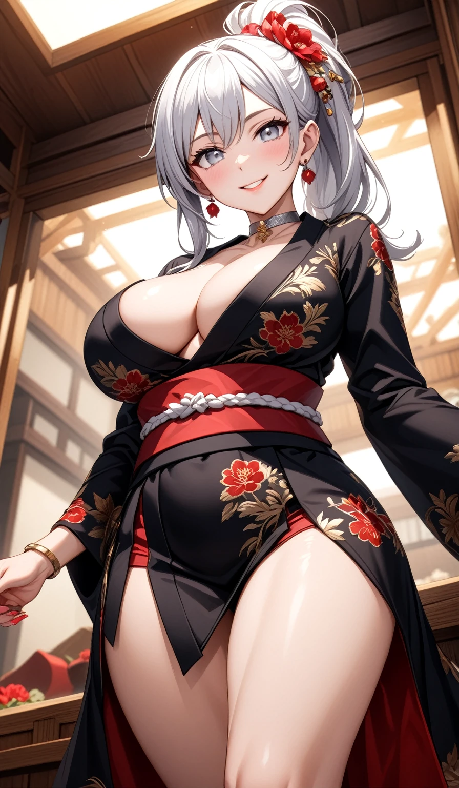 ((One personの女性)), Beautiful Face, (Laughing embarrassedly), (seductive smile:1.4), ((Wink:1.9)), (head tilt:1.3), Laugh with your mouth wide open, upper teeth, looking at viewer, (Doing sexy poses), ((Bright red cheeks:1.4)), Glossy Red Lips, rooftop, firework, Glossy red lips, Shining Face, ((Anime style background)),masterpiece, Highest quality, so beautiful,up to date, Complex details, (Pink long nails), (nail art), (ring),(bracelet),(Floral choker),AI-generated, Complex,High resolution, Highest quality, super high quality,3D Images、3D Images,One person,Long white hair,High Ponytail, Anime woman posing for a photo, (blue eyes), ((Fine grain、Light silvery white eyes、Shining Eyes:1.3)), (Squint your eyes:1.1),a hyperRealistic , hyperRealistic , Realistic,Anime woman with long white hair, Smooth anime CG art, (A woman in a colorful kimono with gold embroidery), (Black long sleeve kimono),Red floral pattern,Long flower hair ornament,Earrings,Mature Body,(Big Breasts:1.1),Tall,Abdominal muscles,Tight waist, (face focus), (knee shot:1.2), (dutch angle:1.3),